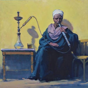 May include: An oil painting depicts a person in traditional attire smoking a hookah. The person is seated, wearing a white turban and a dark blue robe. A small table holds the hookah and a glass of tea, set against a yellow background.
