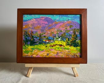 山岳風景油絵、夏の花の風景ファインアート、カロライナ山脈のパノラマ