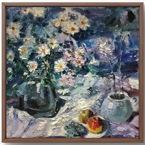 Pintura al óleo naturaleza muerta original, pintura al óleo sobre cartón, arreglo floral brillante con delicadas flores, arte hecho a mano, enmarcado