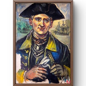 Retrato de pintura a óleo original, pintura a óleo sobre papelão, nobre em terno luxuoso, barcos ao fundo, arte feita à mão, sem moldura