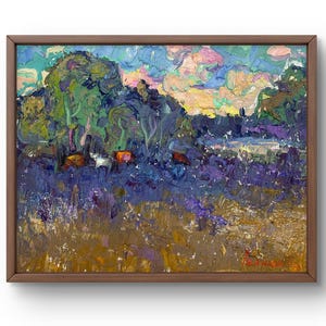 Oil painting landscape original, painting on canvas, forest landscape, handmade art, nature, unframed, sheep landscape, wall art