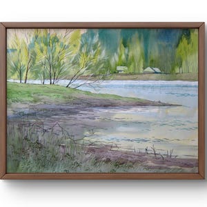 Origineel landschapswaterverfschilderij, aquarel op papier, kalm riviertafereel met bomen weerspiegeld op het water, handgemaakte kunst, niet ingelijst