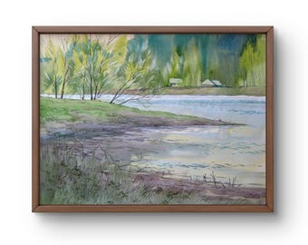 川の風景、風景画、水彩画、風景の風景、川の絵、川、川の反射、水彩画