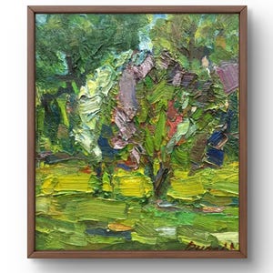 Pintura a óleo paisagem original, pintura a óleo sobre papelão, jardim com arbustos lilases floridos e vegetação densa, arte feita à mão, sem moldura