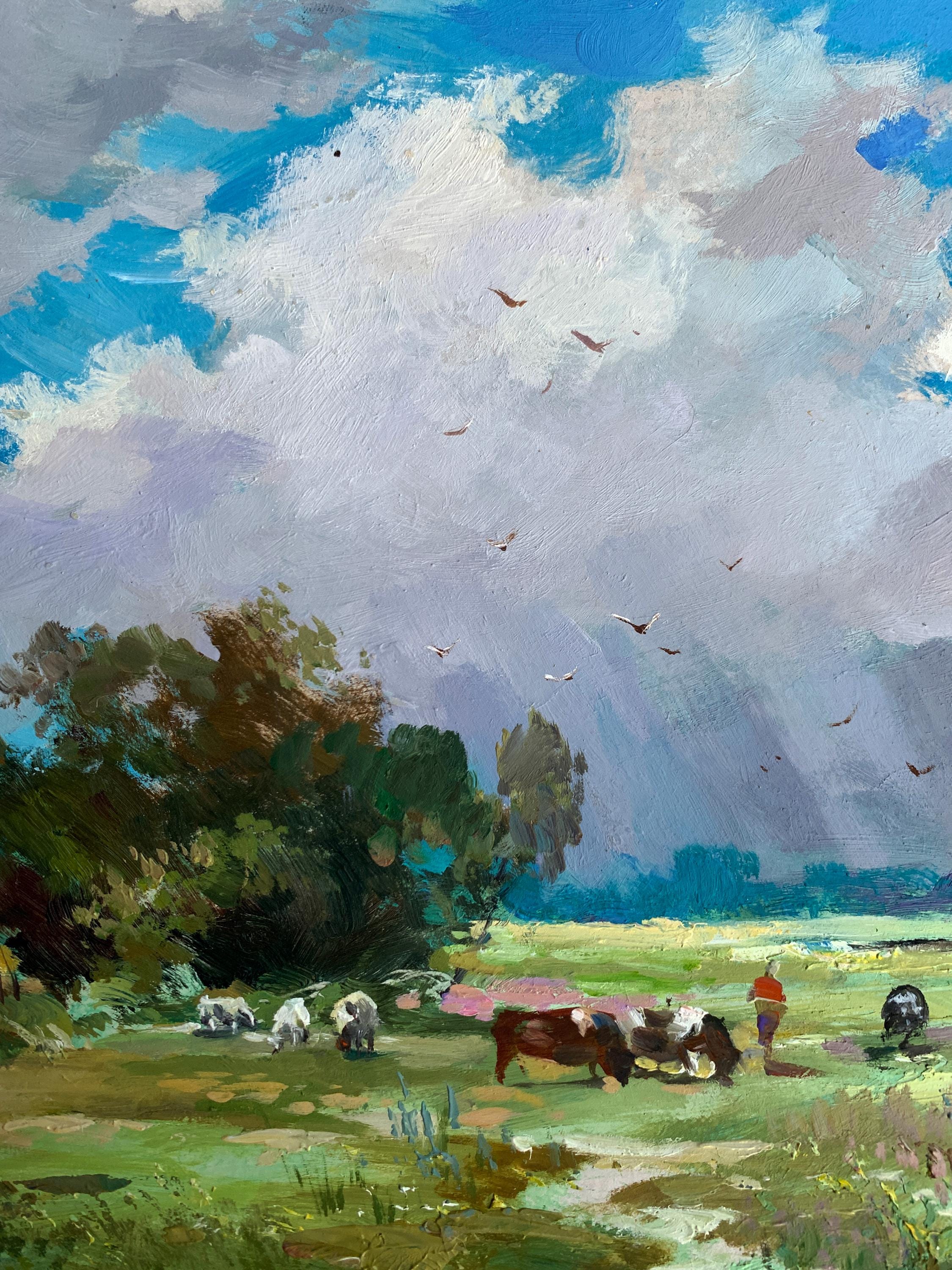 油絵風景画オリジナル、段ボールに描いた絵、夏の風景、手作りアート