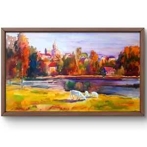 Dipinto ad acquerello paesaggio originale, dipinto su carta, paesaggio di stagno, arte fatta a mano, natura, senza cornice, paesaggio di alberi, arte murale