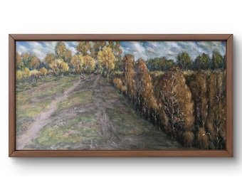 Oil painting landscape original, oil painting on canvas, winding path through autumn scene with trees, handmade art, framed, wall art