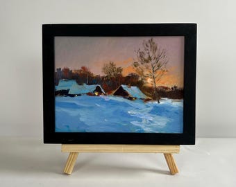 村の風景油絵 田舎道の冬景色 雪の降る夜 紫の夕日 穏やかなオリジナル