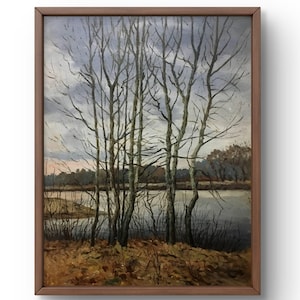 Pintura al óleo paisaje original, pintura al óleo sobre cartón, paisaje otoñal, árboles junto al río, cielo sombrío, arte hecho a mano, enmarcado