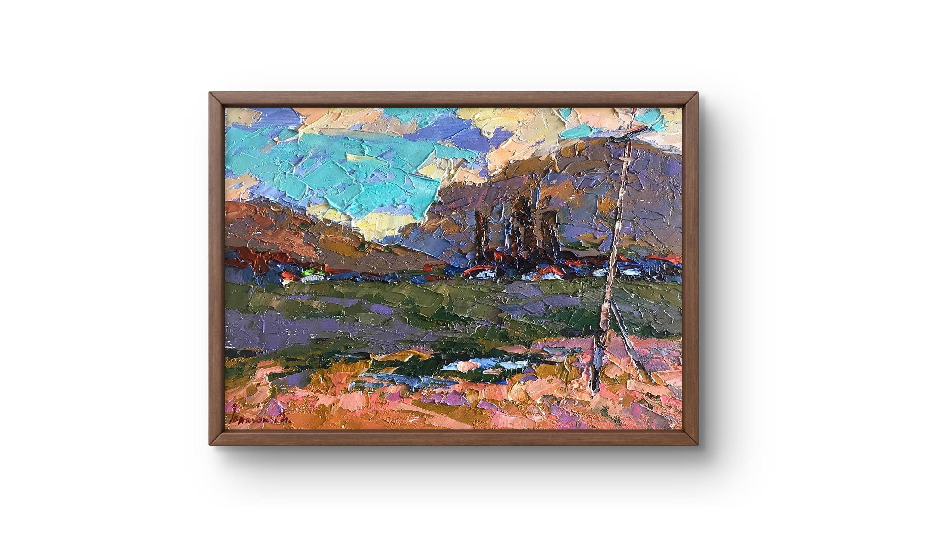 油絵風景オリジナル、キャンバスに油絵、空と大地の対照的な色彩の