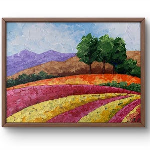 Pintura al óleo paisaje original, pintura sobre cartón, paisaje de campos, arte hecho a mano, naturaleza, sin marco, paisaje de montañas, arte de pared