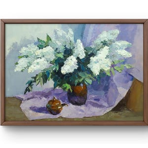 Oil painting still life original, oil painting, white flowers in a brown vase on a background of purple tones, handmade art, unframed