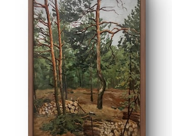 Oljemålning landskap original, oljemålning på duk, skog med höga tallar, staplade vedträn, handgjord konst, inramad, väggkonst