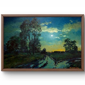 Oil painting landscape original, painting on canvas, summer scenery, handmade art, nature, unframed, moonlight landscape, wall art