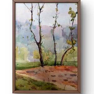Dipinto ad acquerello paesaggio originale, dipinto su carta, paesaggio forestale, arte fatta a mano, natura, senza cornice, paesaggio di alberi, arte murale