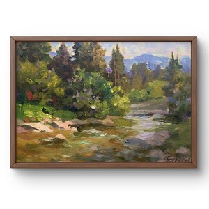 Pintura a óleo paisagem original, pintura em papelão, paisagem de rio, arte artesanal, natureza, sem moldura, paisagem de floresta, arte de parede