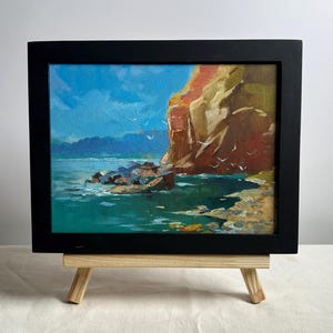 Original Oil Painting: Rocky Seashore Landscape, Unframed Cardboard Art