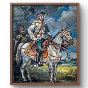 Retrato pintado al óleo original, pintura al óleo, oficial militar a caballo, vestido con uniforme de gala, arte hecho a mano, sin marco