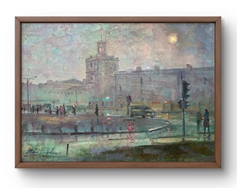 Oil painting landscape original, oil painting on canvas, cityscape in rainy weather, evening city, handmade art, unframed, wall art