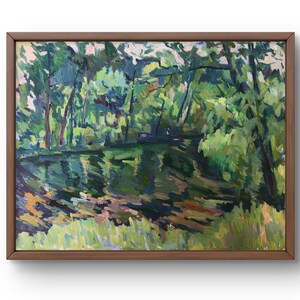 Pintura al óleo paisaje original, pintura sobre cartón, paisaje de río, arte hecho a mano, naturaleza, sin marco, paisaje de árboles, arte de pared