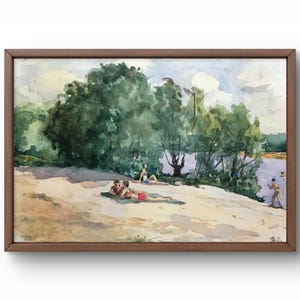 Pintura de acuarela paisaje original, pintura sobre cartón, paisaje de río, arte hecho a mano, naturaleza, sin marco, paisaje de verano, arte de pared