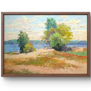Oil painting landscape original, oil painting on canvas, coastal landscape with trees in bright colors, handmade art, unframed, wall art