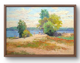 Oil painting landscape original, oil painting on canvas, coastal landscape with trees in bright colors, handmade art, unframed, wall art