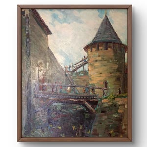 Pintura a óleo paisagem original, pintura a óleo sobre papelão, torre de pedra e ponte sob o céu brilhante, arte feita à mão, sem moldura, arte de parede