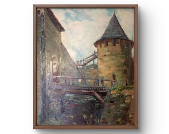 Oil painting landscape original, oil painting on cardboard, stone tower and bridge under the bright sky, handmade art, unframed, wall art