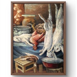 Pintura a óleo natureza morta original, pintura em papelão, natureza morta de comida, arte artesanal, interior, sem moldura, natureza morta de animais, arte de parede