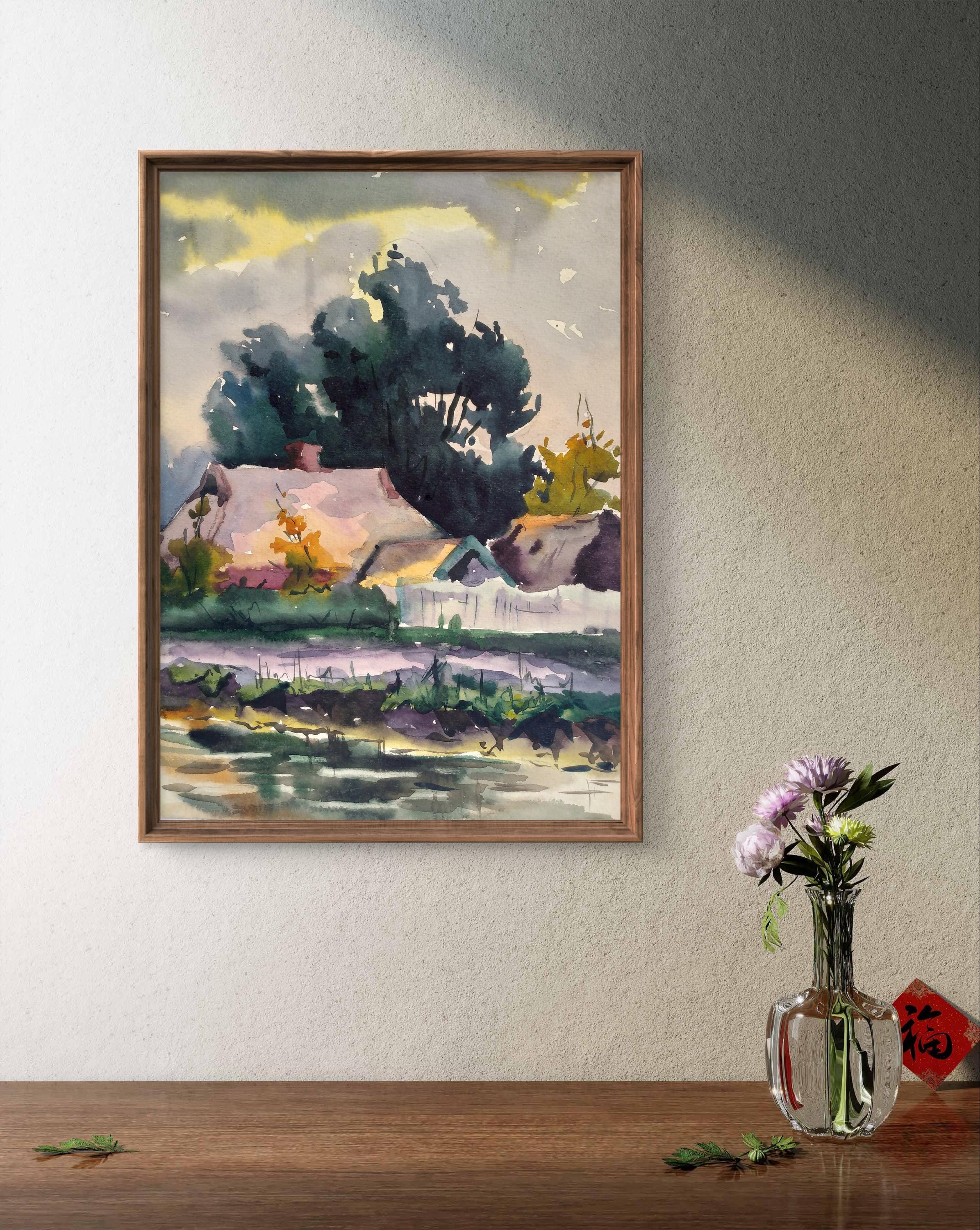 水彩風景画オリジナル、水彩画、趣のあるコテージのある田園風景