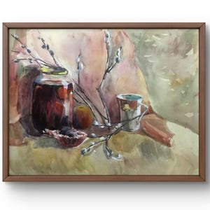 Pintura de acuarela, naturaleza muerta original, pintura sobre cartón, naturaleza muerta de comida, arte hecho a mano, interior, sin marco, naturaleza muerta de manzanas