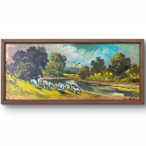 Pintura a óleo paisagem original, pintura a óleo sobre papelão, vacas pastando no rio, árvores verdes, arte artesanal, sem moldura, arte de parede