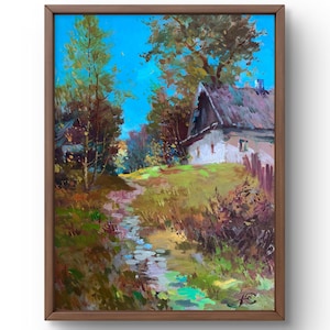 Pintura a óleo paisagem original, pintura em papelão, paisagem de aldeia, arte artesanal, natureza, sem moldura, cenário de verão, arte de parede