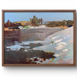 Pintura al óleo paisaje original, pintura sobre cartón, paisaje invernal, arte hecho a mano, naturaleza, sin marco, paisaje de río, arte de pared