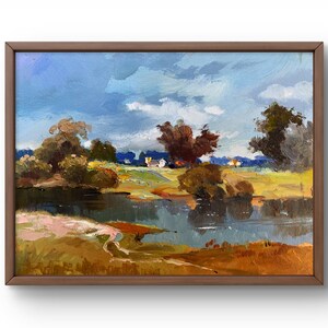 Pintura a óleo paisagem original, pintura em papelão, paisagem de rio, arte artesanal, natureza, sem moldura, cenário de verão, arte de parede