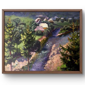 Pintura al óleo paisaje original, pintura sobre cartón, paisaje de río, arte hecho a mano, naturaleza, sin marco, paisaje de pueblo, arte de pared