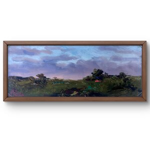 Pintura a óleo paisagem original, pintura a óleo sobre papelão, paisagem com céu noturno com tons suaves de roxo, arte feita à mão, sem moldura