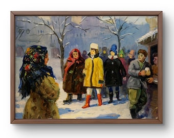 Oil painting social realism original, oil painting on cardboard, city life scene, people at baptism, handmade art, unframed, wall art