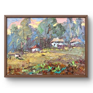 Oil painting landscape original, oil painting on canvas, village houses and vegetable gardens among nature, handmade art, unframed, wall art