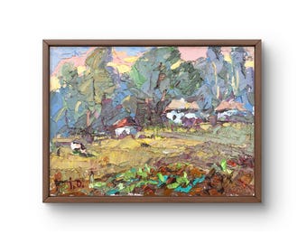 Oil painting landscape original, oil painting on canvas, village houses and vegetable gardens among nature, handmade art, unframed, wall art