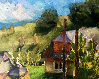 油絵風景画オリジナル、段ボールに描いた絵、山の風景画、手作りアート