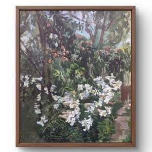 Pintura a óleo paisagem original, pintura em papelão, paisagem de jardim, arte artesanal, natureza, sem moldura, paisagem de árvores, arte de parede