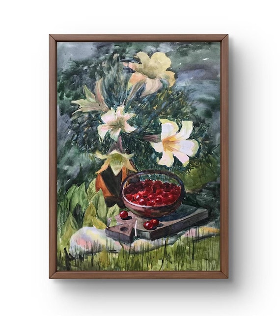 水彩画の静物画、オリジナル、紙に描いた絵、花の静物画、手作りアート