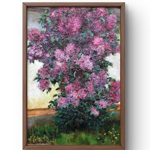 Pintura al óleo original de paisaje, pintura al óleo sobre cartón, exuberante arbusto de lilas sobre un fondo de hierba verde, arte hecho a mano, sin marco, arte de pared
