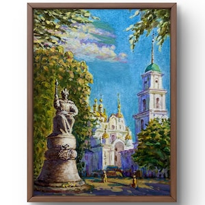 Pintura al óleo paisaje original, pintura mixta sobre cartón, majestuosa escena arquitectónica con la catedral, arte hecho a mano, enmarcado