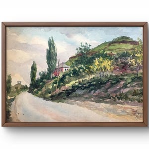 Pintura de acuarela de paisaje original, pintura sobre cartón, paisaje de pueblo, arte hecho a mano, naturaleza, sin marco, paisaje de verano, arte de pared