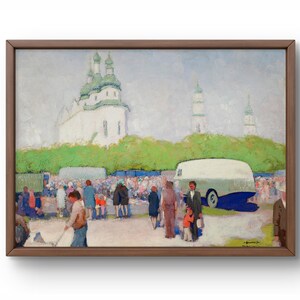 Pintura al óleo paisaje original, pintura al óleo sobre cartón, plaza de la ciudad animada con gente e iglesia, arte hecho a mano, enmarcado, arte de pared