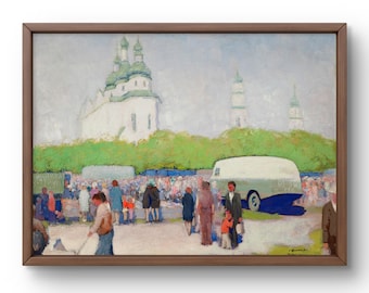 Pode incluir: Uma pintura que retrata uma multidão de pessoas reunidas em frente a um edifício branco com cúpulas verdes. O edifício parece ser uma igreja ou catedral. Há uma van branca estacionada em primeiro plano, e a cena se passa contra um fundo de céu azul com nuvens brancas.