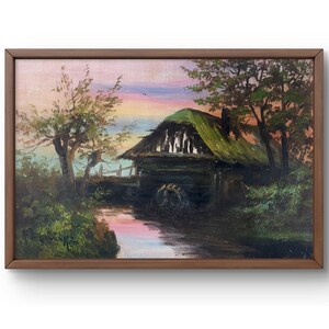 Pintura al óleo paisaje original, pintura al óleo sobre cartón, antiguo molino de agua al atardecer con árboles y agua tranquila, arte hecho a mano, sin marco